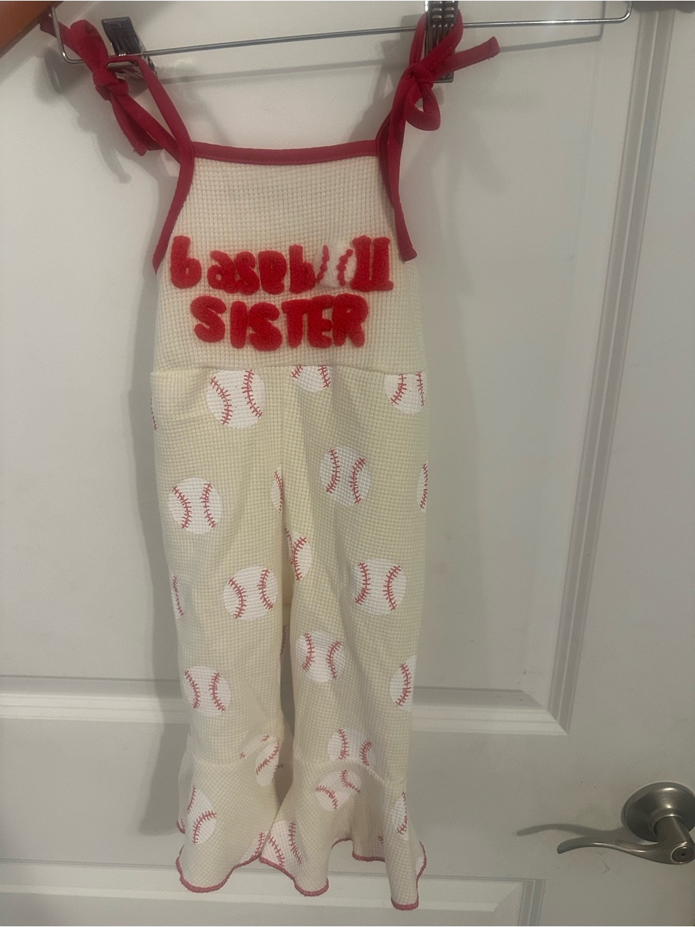Source Unknown Cream and Red Baseball Sister Girls' Romper